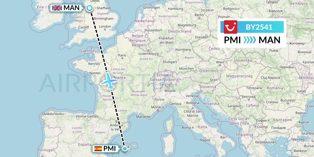 BY2541 TUI Airways Flight Map: Palma de Mallorca to Manchester