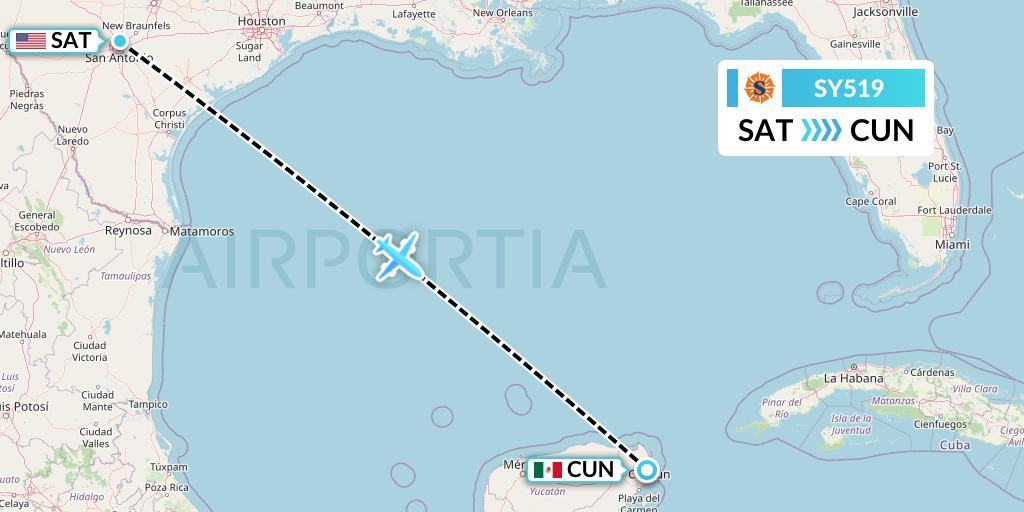 SY519 Sun Country Airlines Flight Map: San Antonio to Cancun