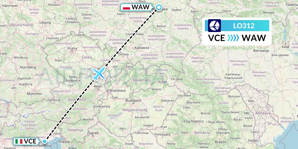 LO312 LOT Flight Map: Venice to Warsaw