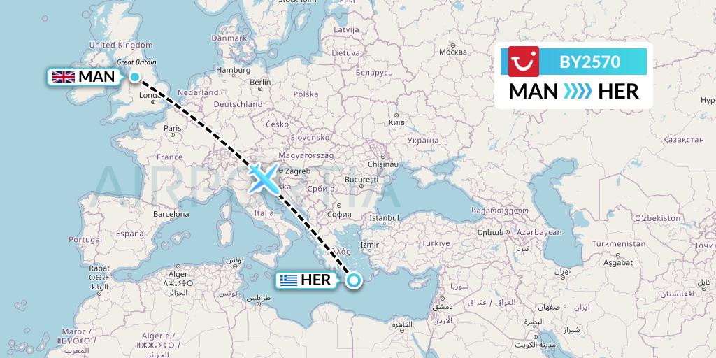 BY2570 TUI Airways Flight Map: Manchester to Heraklion