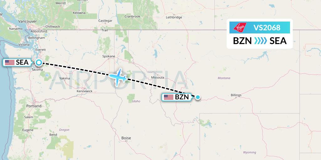 VS2068 Virgin Atlantic Airways Flight Map: Bozeman to Seattle