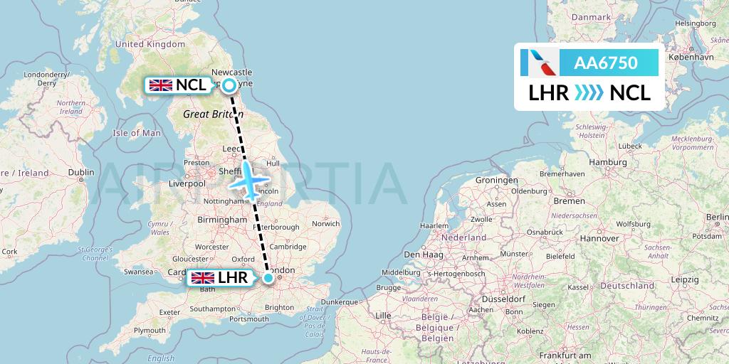 AA6750 American Airlines Flight Map: London to Newcastle