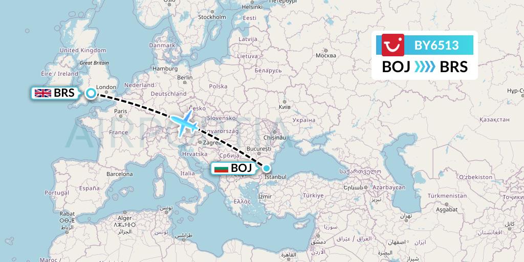 BY6513 TUI Airways Flight Map: Burgas to Bristol