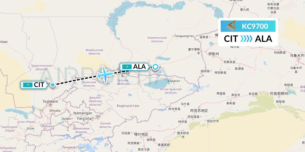 KC9700 Air Astana Flight Map: Shymkent to Almaty