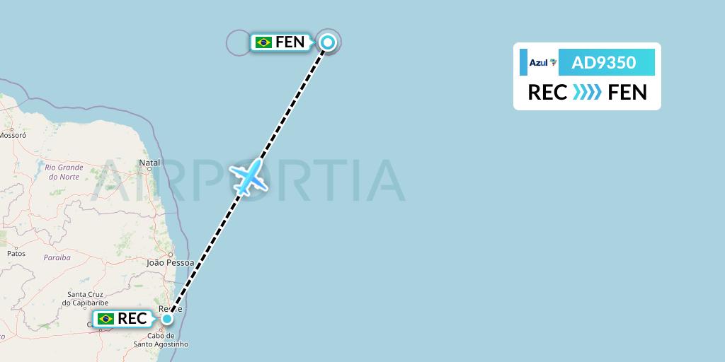 AD9350 Azul Brazilian Airlines Flight Map: Recife to Fernando De Noronha