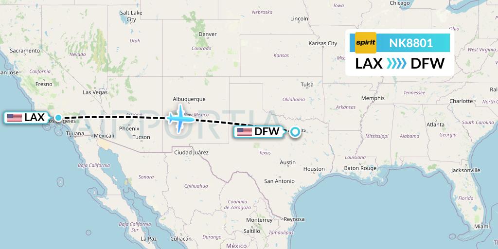 NK8801 Spirit Airlines Flight Map: Los Angeles to Dallas