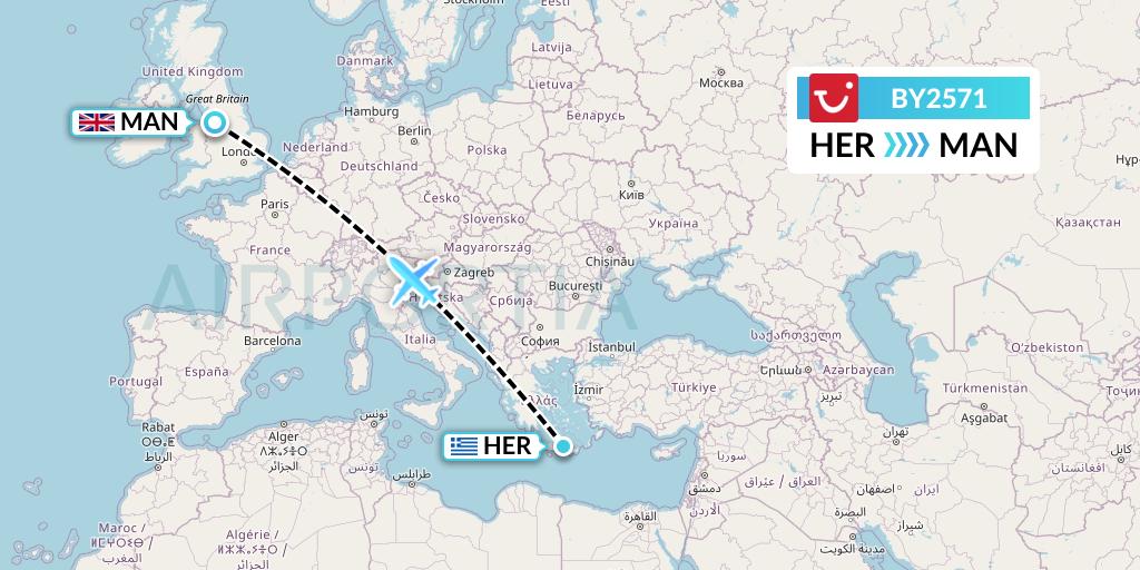 BY2571 TUI Airways Flight Map: Heraklion to Manchester