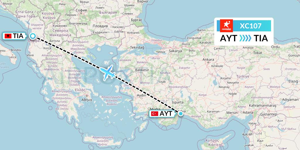 XC107 Corendon Airlines Flight Map: Antalya to Tirana