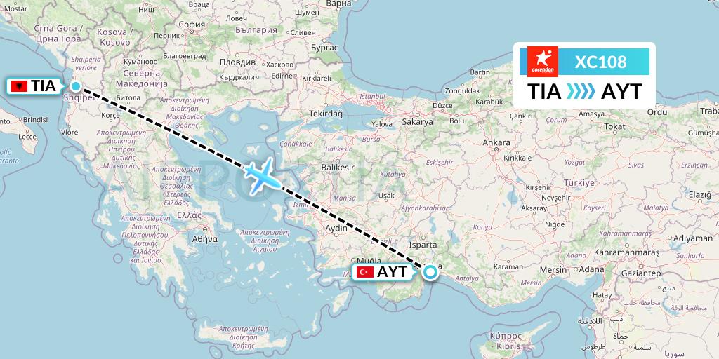 XC108 Corendon Airlines Flight Map: Tirana to Antalya