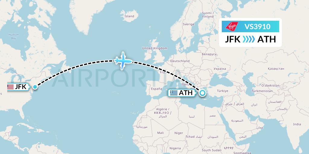 VS3910 Virgin Atlantic Airways Flight Map: New York to Athens
