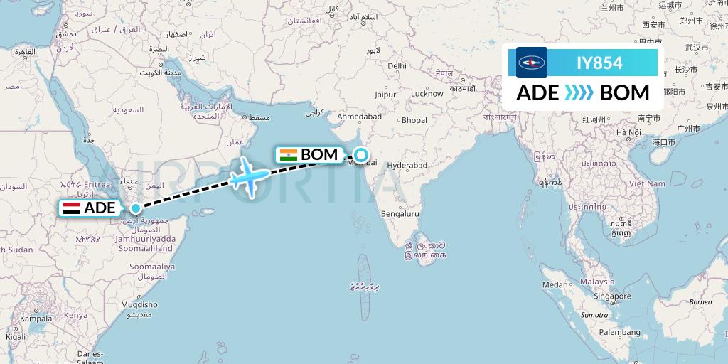 IY854 Yemenia Flight Map: Aden to Mumbai