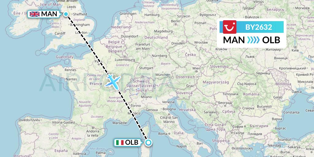 BY2632 TUI Airways Flight Map: Manchester to Olbia