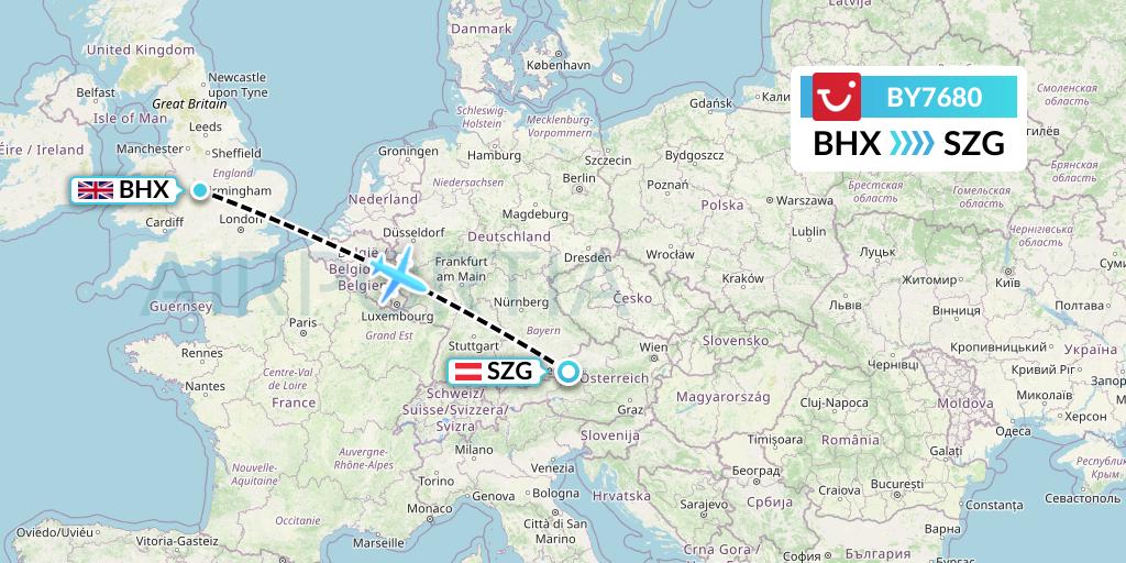 BY7680 TUI Airways Flight Map: Birmingham to Salzburg