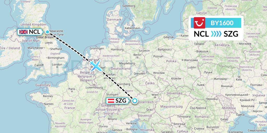 BY1600 TUI Airways Flight Map: Newcastle to Salzburg