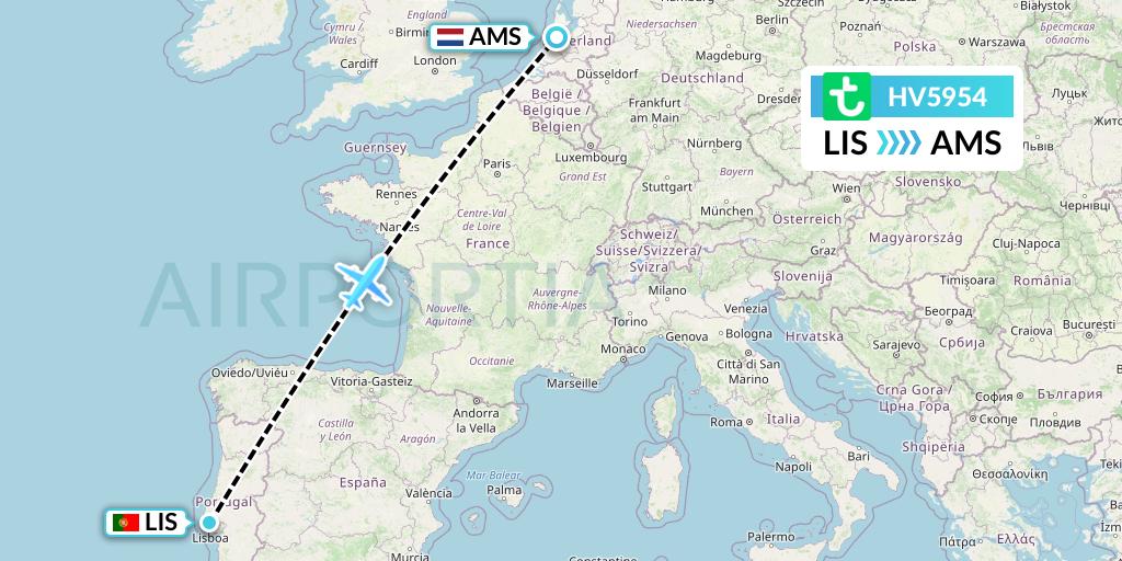 HV5954 Transavia Flight Map: Lisbon to Amsterdam