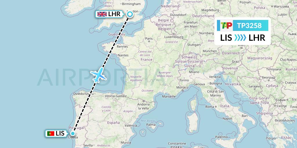 TP3258 TAP Portugal Flight Map: Lisbon to London