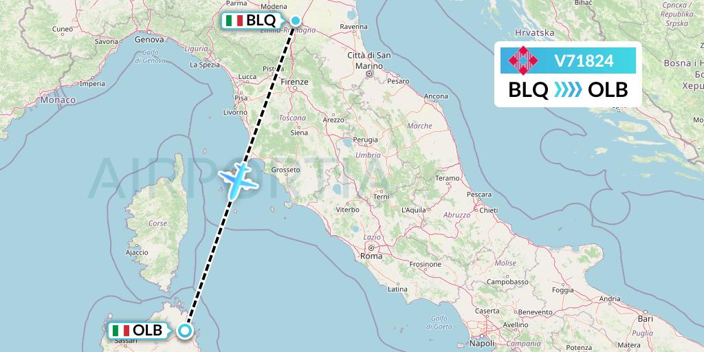 V71824 Volotea Flight Map: Bologna to Olbia