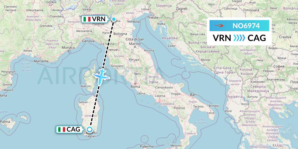 NO6974 Neos Flight Map: Verona to Cagliari