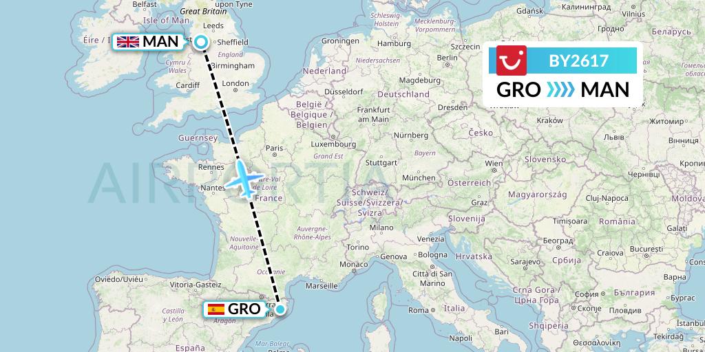 BY2617 TUI Airways Flight Map: Girona to Manchester