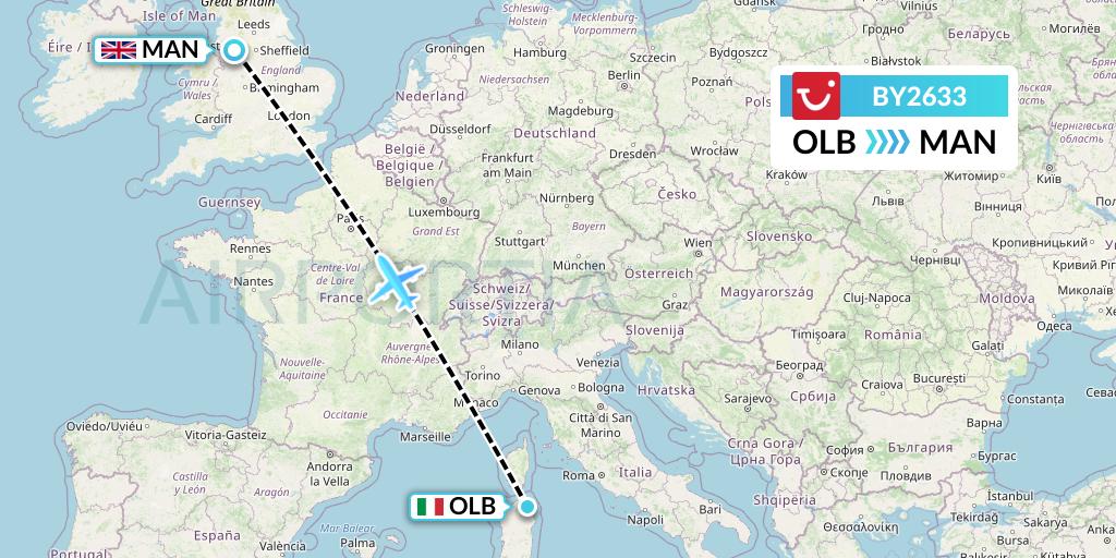 BY2633 TUI Airways Flight Map: Olbia to Manchester