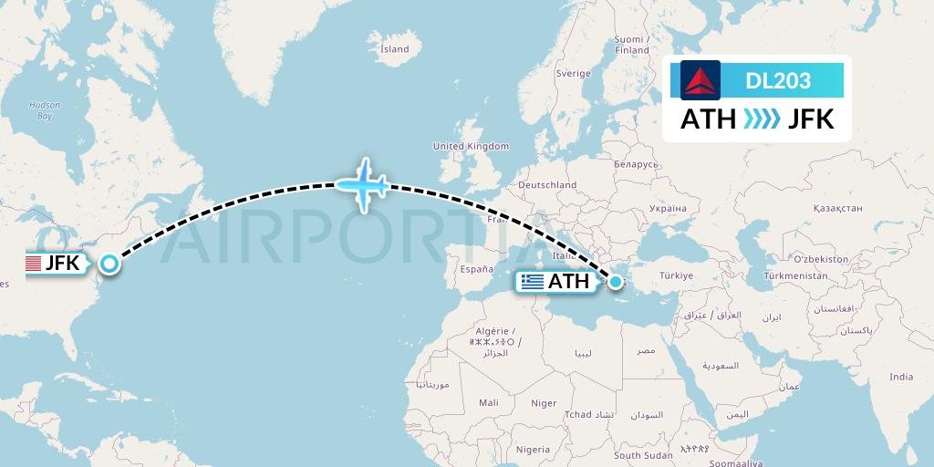 DL203 Delta Air Lines Flight Map: Athens to New York
