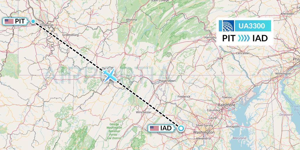 UA3300 United Airlines Flight Map: Pittsburgh to Washington