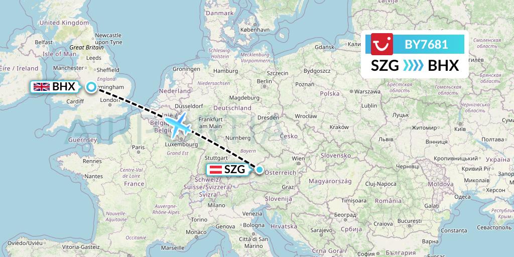 BY7681 TUI Airways Flight Map: Salzburg to Birmingham