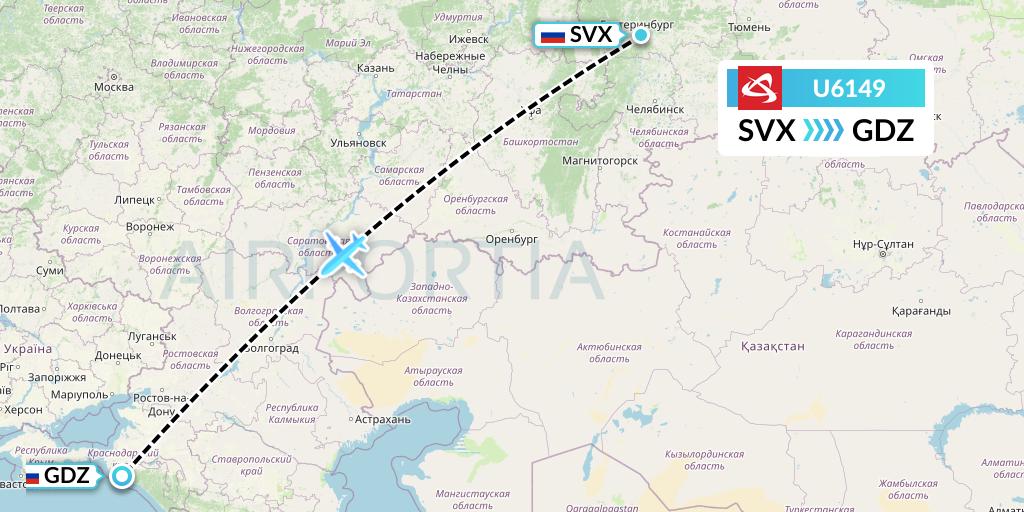 U6149 Ural Airlines Flight Map: Yekaterinburg to Gelendzhik
