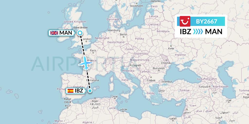 BY2667 TUI Airways Flight Map: Ibiza to Manchester