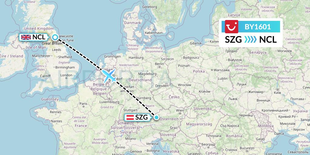 BY1601 TUI Airways Flight Map: Salzburg to Newcastle