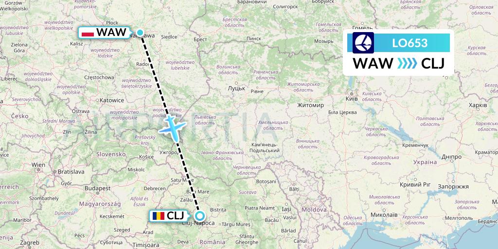 LO653 LOT Flight Map: Warsaw to Cluj-Napoca
