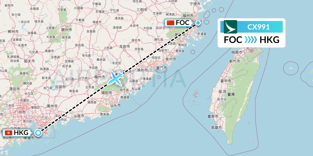 CX991 Cathay Pacific Flight Map: Fuzhou to Hong Kong
