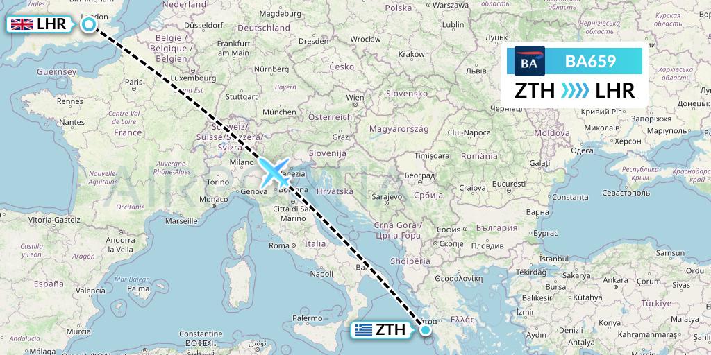 BA659 British Airways Flight Map: Zakynthos to London