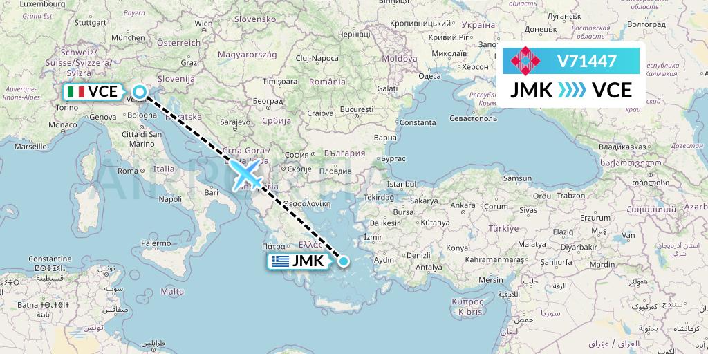 V71447 Volotea Flight Map: Mykonos to Venice