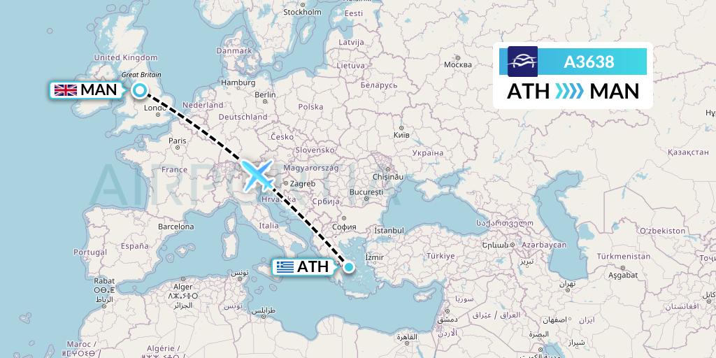 A3638 Aegean Airlines Flight Map: Athens to Manchester