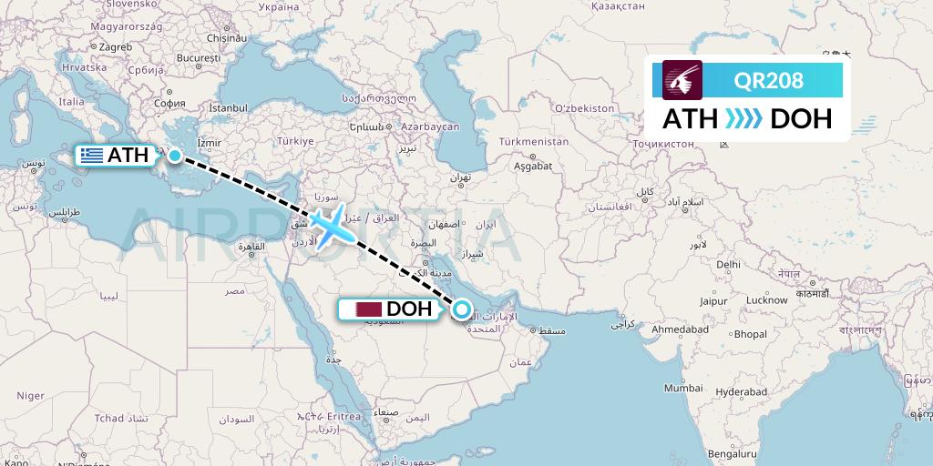 QR208 Qatar Airways Flight Map: Athens to Doha