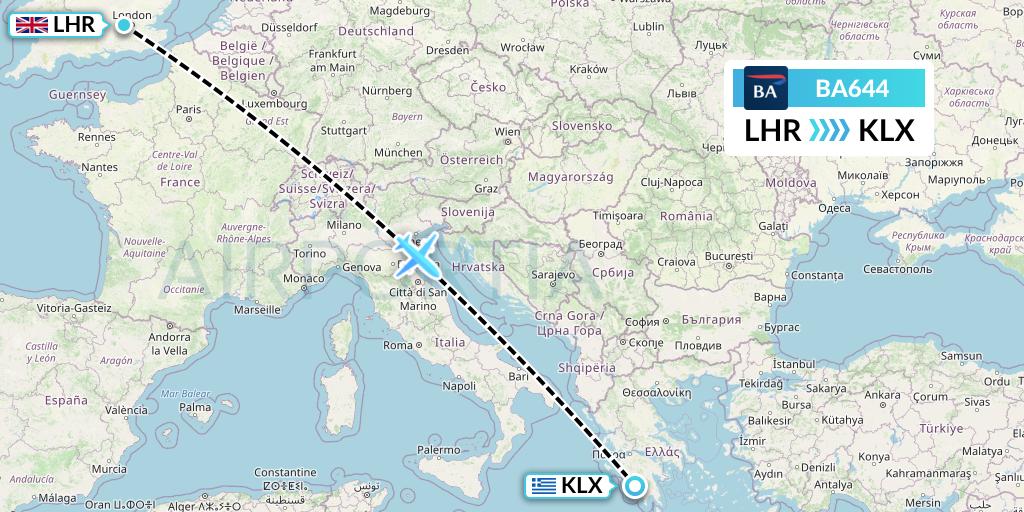BA644 British Airways Flight Map: London to Kalamata