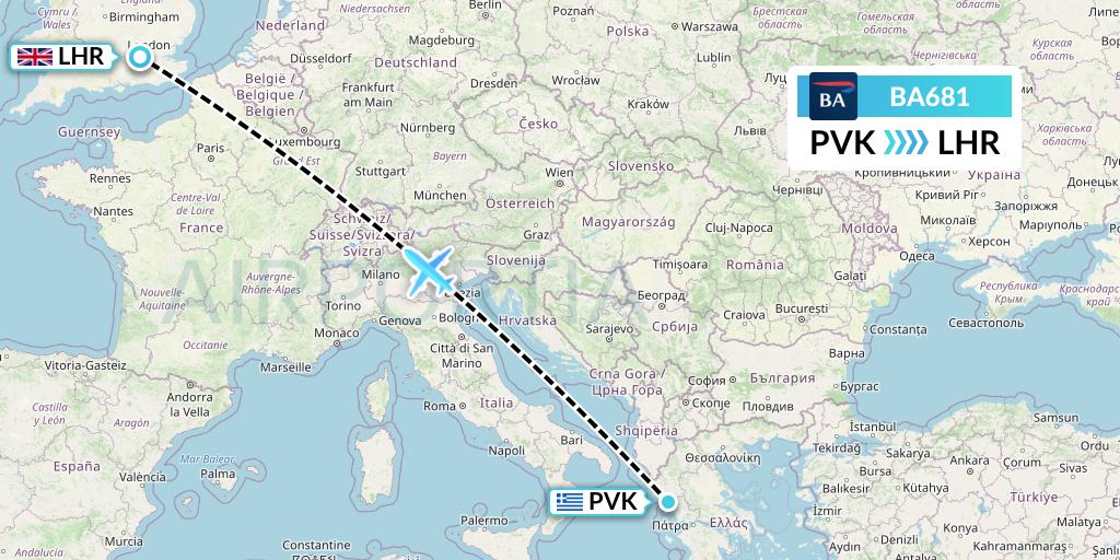 BA681 British Airways Flight Map: Preveza to London