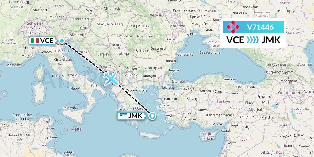 V71446 Volotea Flight Map: Venice to Mykonos