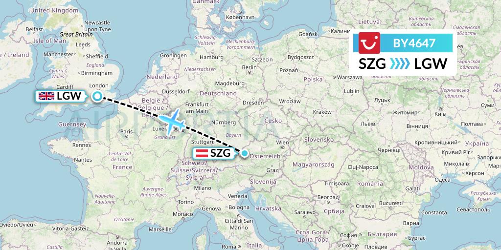 BY4647 TUI Airways Flight Map: Salzburg to London
