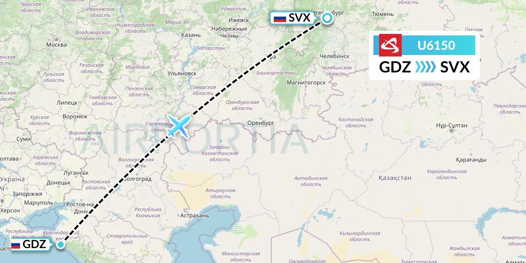 U6150 Ural Airlines Flight Map: Gelendzhik to Yekaterinburg