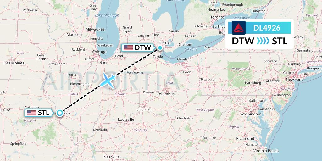 DL4926 Delta Air Lines Flight Map: Detroit to St. Louis