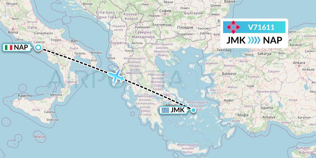 V71611 Volotea Flight Map: Mykonos to Naples