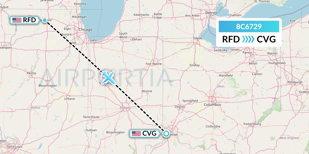 8C6729 Air Transport International Flight Map: Chicago to Cincinnati