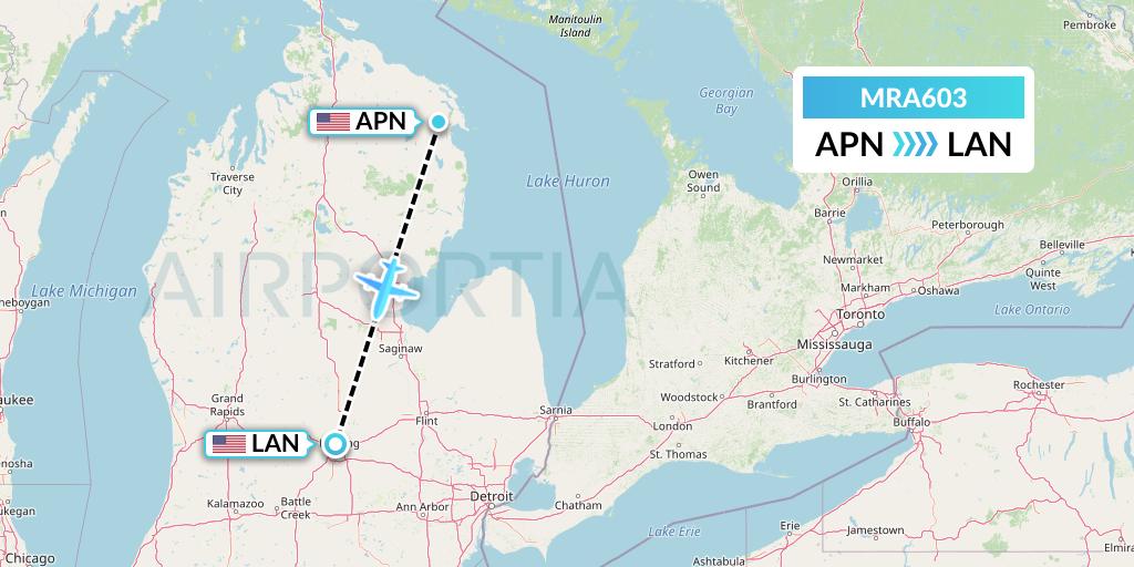 MRA603 Martinaire Flight Map: Alpena to Lansing