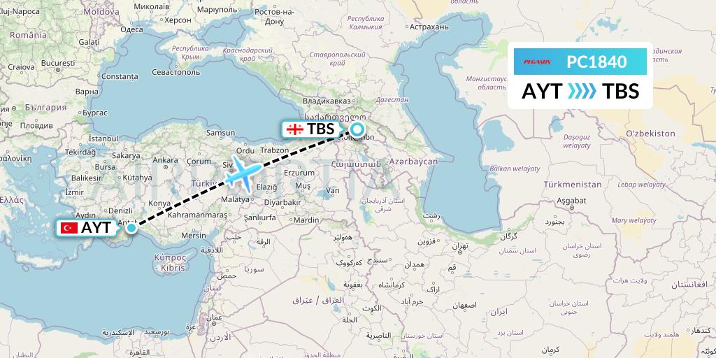 PC1840 Pegasus Airlines Flight Map: Antalya to Tbilisi