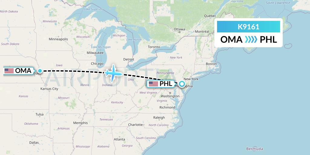 K9161 Kalitta Charters Flight Map: Omaha to Philadelphia