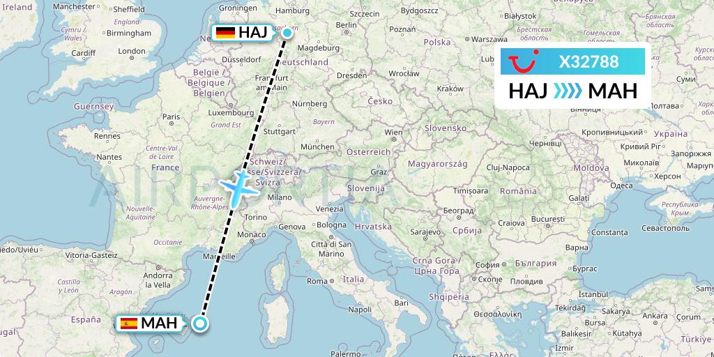X32788 TUI fly Germany Flight Map: Hannover to Mahon