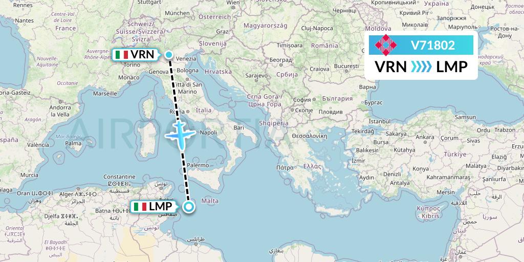 V71802 Volotea Flight Map: Verona to Lampedusa