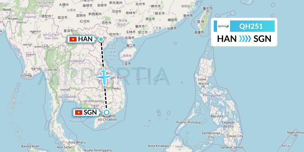 QH251 Bamboo Airways Flight Map: Hanoi to Ho Chi Minh City